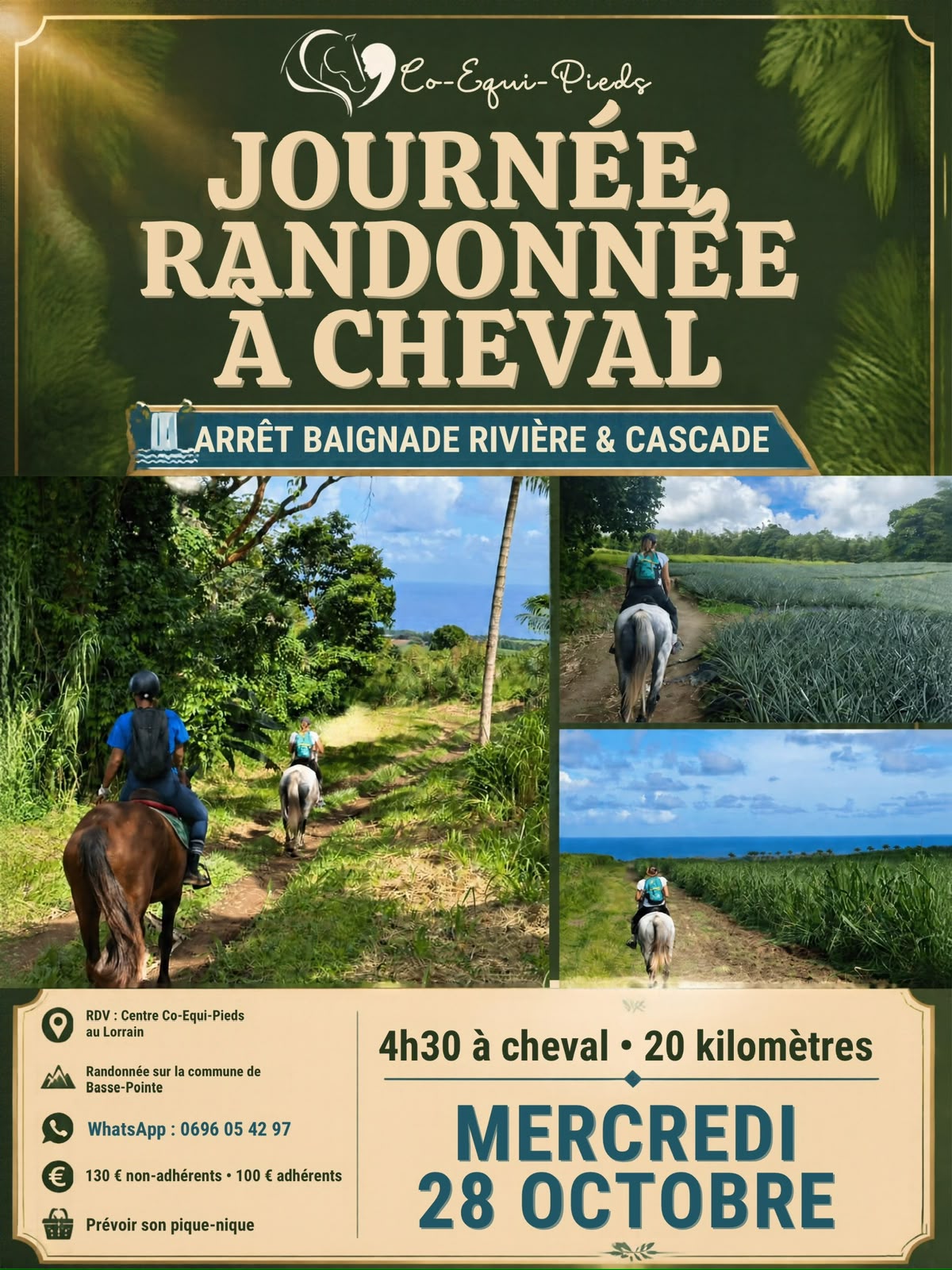 Affiche de la journée randonnée à cheval en Martinique du 28 octobre 2026 organisée par Co-Équi-Pieds