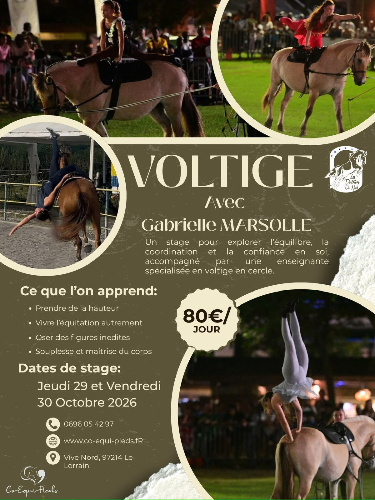 Affiche du stage de voltige équestre en Martinique les 29 et 30 octobre 2026 chez Co-Équi-Pieds