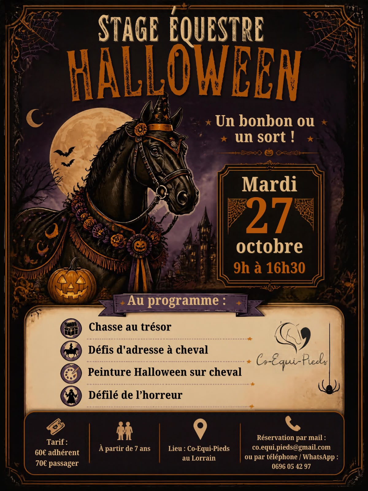 Affiche du stage équestre Halloween du 27 octobre 2026 chez Co-Équi-Pieds au Lorrain en Martinique
